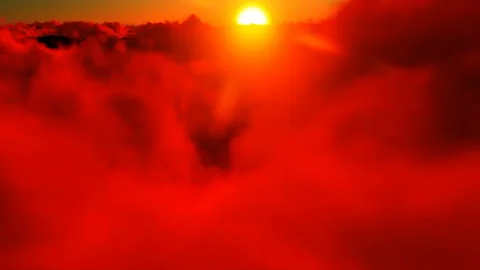 Fluffy red clouds over mountains big sun Stock Footage 170566670