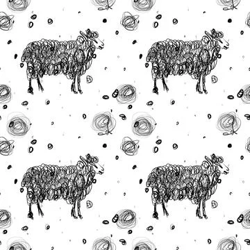 Fluffy Sheep Seamless Pattern Scribble Line Art Vector, Hand Drawn Woolly Lamb Stock Illustration