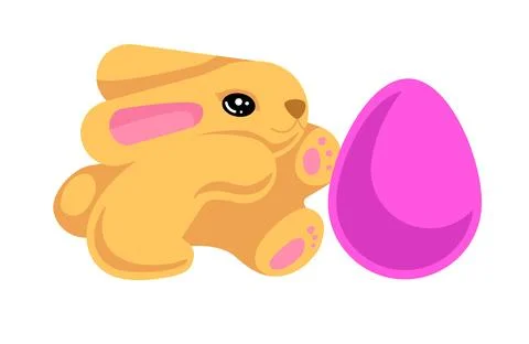 Fluffy smiling easter bunny rolling pink egg. Иллюстрация