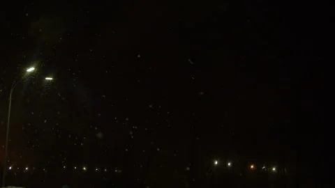 Fluffy snowflakes slowly fall to the ground. Lit street lamp. Vídeo Stock 104840806