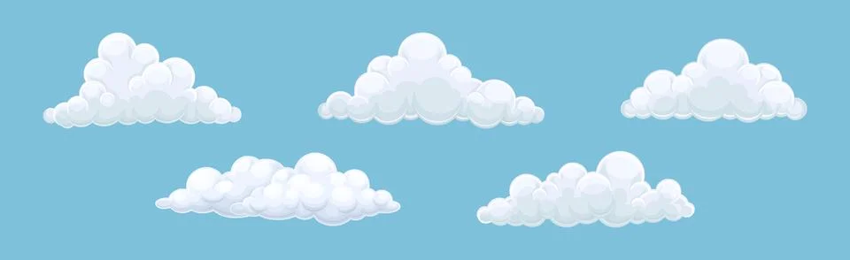 Fluffy Soft Cloud Isolated on Blue Background Vector Set Stock Illustration