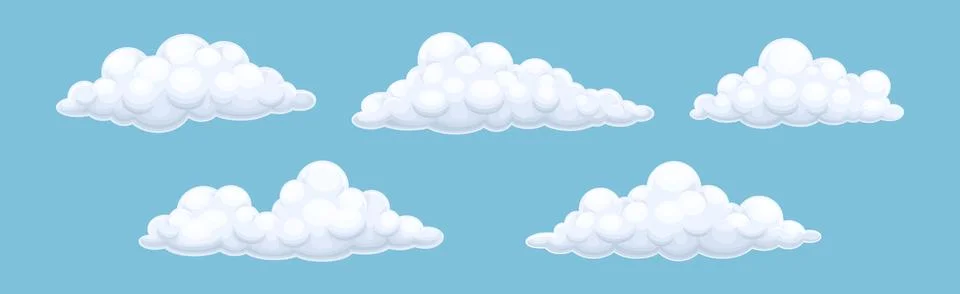 Fluffy Soft Cloud Isolated on Blue Background Vector Set Stock Illustration