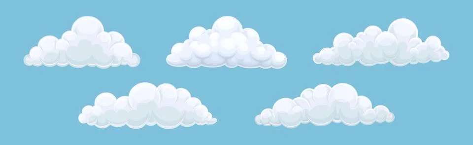Fluffy Soft Cloud Isolated on Blue Background Vector Set Stock Illustration