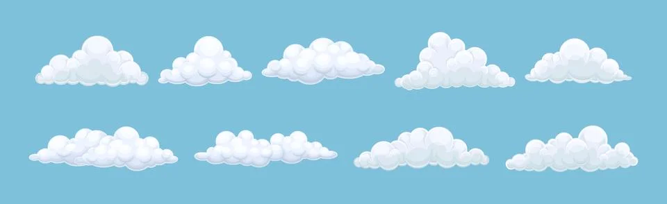 Fluffy Soft Cloud Isolated on Blue Background Vector Set Stock Illustration