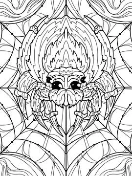 Fluffy spider on the web. Children coloring book. Freehand sketch for adult Stock Illustration