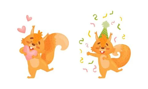 Fluffy Squirrel Character Cheering with Confetti and Holding Heart Vector Set Stock Illustration