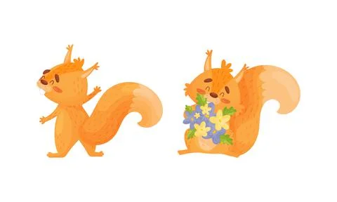 Fluffy Squirrel Character Holding Bunch of Flowers Vector Set Stock Illustration