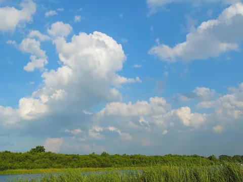 Fluffy white cloud over the lake. 库存影片 77676946
