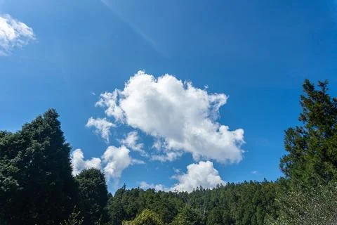 A fluffy white clouds in the middle of a clear blue sky. Фото