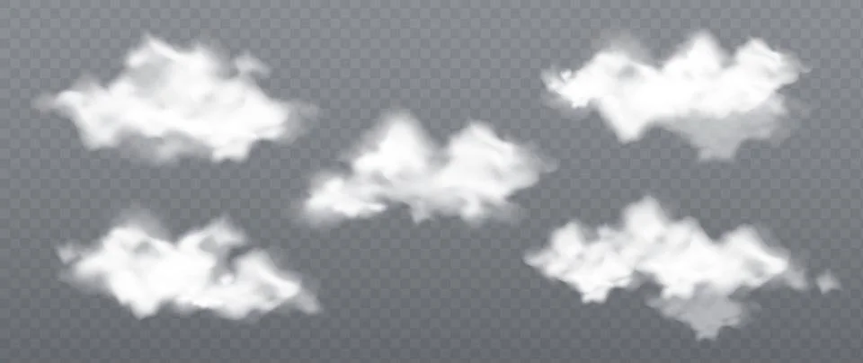 Fluffy white clouds set on transparent background Stock Illustration