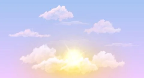 Fluffy white clouds with a setting sun against a blue sky. 스톡 일러스트