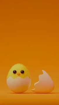 Fluffy yellow chick hatching from eggshell on orange background.... Stock Illustration