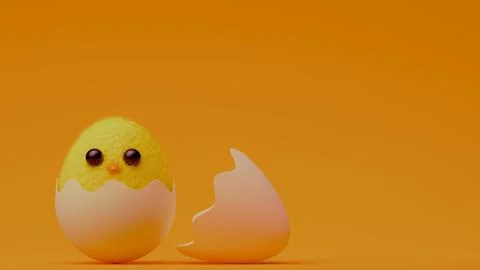 Fluffy yellow chick hatching from eggshell on orange background.... Stock Illustration