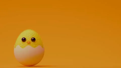 Fluffy yellow chick hatching from eggshell.... Stock Illustration