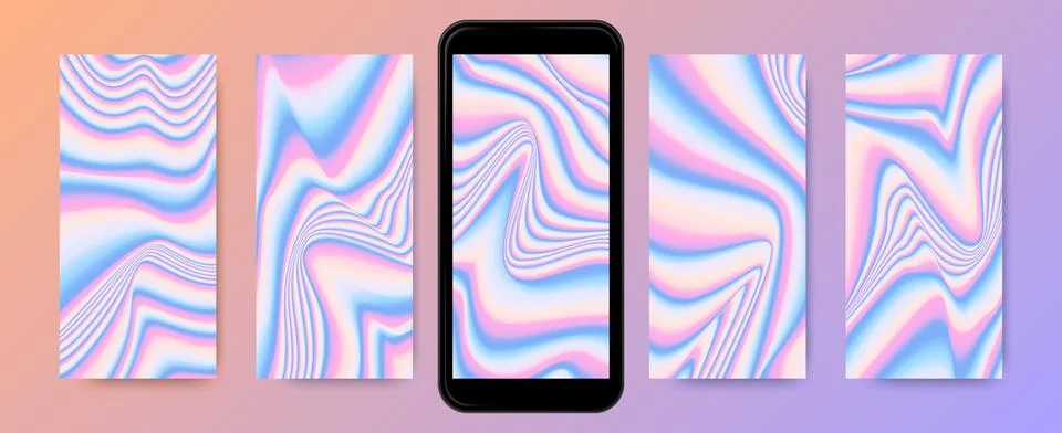 Fluid backgrounds set, vector holographic template set for screensavers. Stock Illustration