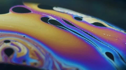 Fluid dynamics and light refraction diffraction in soap bubble surface Stock Footage 136340056