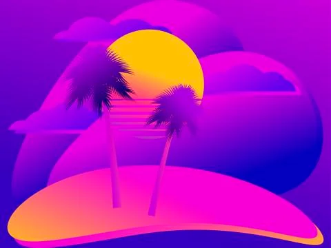 Fluid gradient design banner with palm trees. Summer sunset landscape in the  Stock Illustration