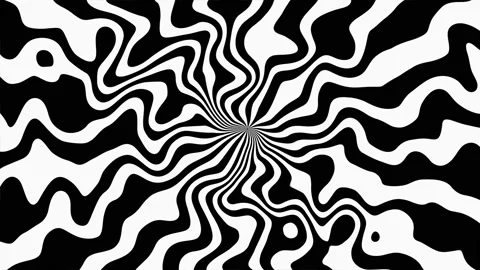 Fluid monochrome rotating wavy lines radiate from center, black and white loop Stock Footage 309105325