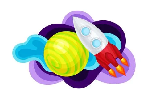Fluid Purple Shape with Solar System Planet and Flying Space Ship Vector Illustrazione stock
