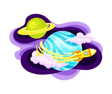 Fluid Purple Shape with Solar System Planet and Flying Space Ship Vector Illustrazione stock