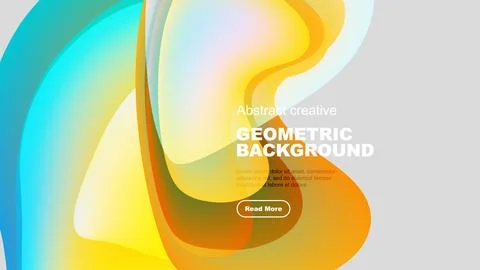 Fluid shapes blend, creating vibrant geometric background. Text invites further Illustrazione stock