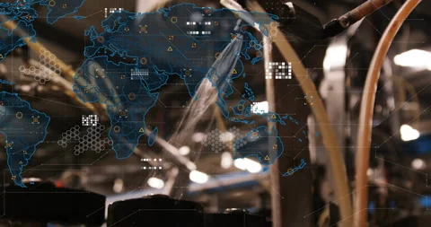 Fluid streaming from hoses starting map overlay populating pulsing data nodes Stock Footage 314526689
