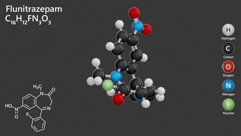 Flunitrazepam. 3D model of a molecule.  C16H12FN3O3. Gray background. 3D render Stock Footage 295194461