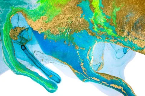 Fluorescent abstract ink stains pattern with golden powder scattering on white Illustrazione stock