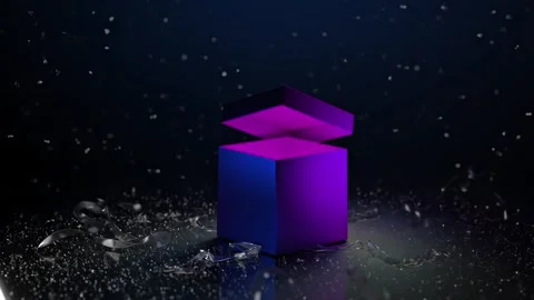 A fluorescent blue and pink present box opens magically, as the glass ribbo.. Stock Footage 296001384