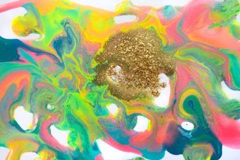 Fluorescent colorful liquid inks background with gold glitter particles. Marble Stock Illustration