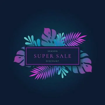 Fluorescent Gradient Monstera Tropic Leaves Summer Sale Rectangle Card, Banner Stock Illustration