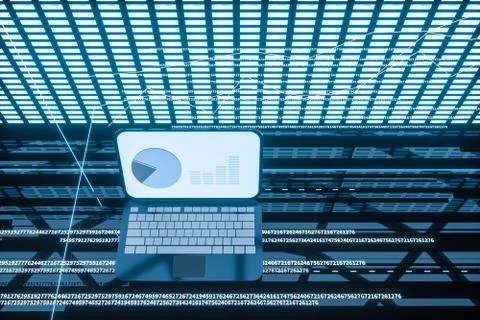 Fluorescent laptop,geometry of data, 3d rendering. Stock Illustration