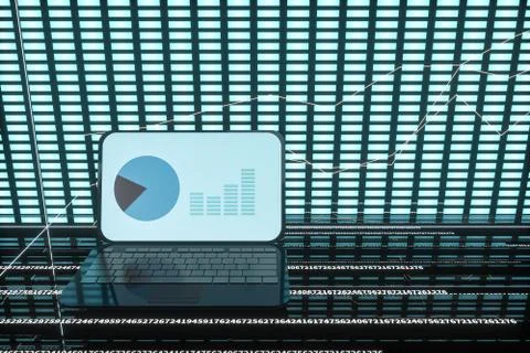 Fluorescent laptop,geometry of data, 3d rendering. Stock Illustration