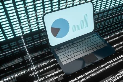 Fluorescent laptop,geometry of data, 3d rendering. Stock Illustration