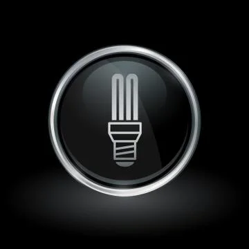 Fluorescent lightbulb icon inside round silver and black emblem Stock Illustration