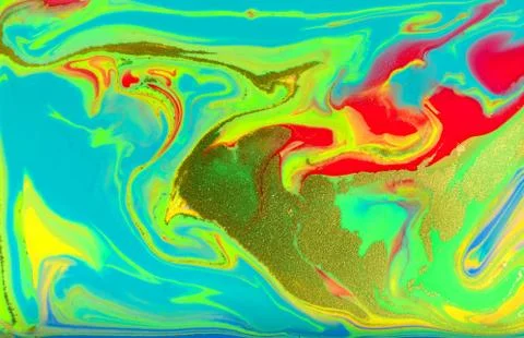 Fluorescent marble pattern with golden glitter. Blue, green and pink liquid Stock Illustration