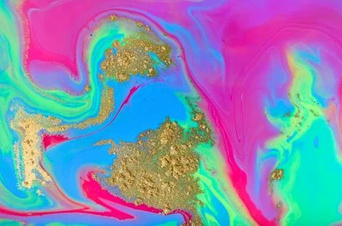 Fluorescent marble pattern with golden glitter. Blue, green and pink liquid Stock Illustration