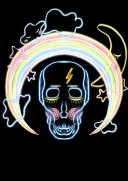 Fluorescent skull with objects from the sky Stock Illustration