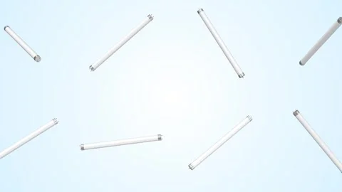 Fluorescent Tubes Falling on a Light Blue Background. Light Bulb 3D. 4K Stock Footage 307906861