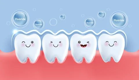 Fluoride shield prevents teeth decay and helps strengthen gums. teeth chara.. Illustrazione stock