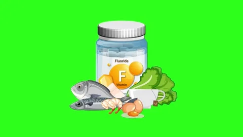 Fluoride Supplement Bottle Surrounded by Healthy Food Animation Vidéo 328487609