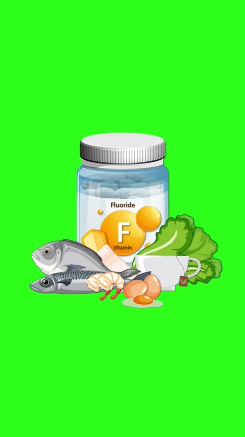 Fluoride Supplement Bottle Surrounded by Natural Food Sources Animation Vidéo 317365564