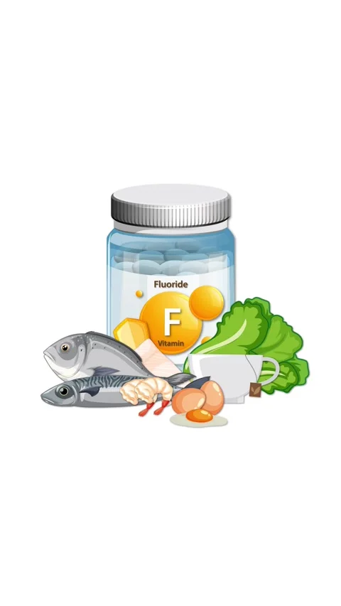 Fluoride Supplement Bottle Surrounded by Natural Food Sources Animation Vidéo 317602270