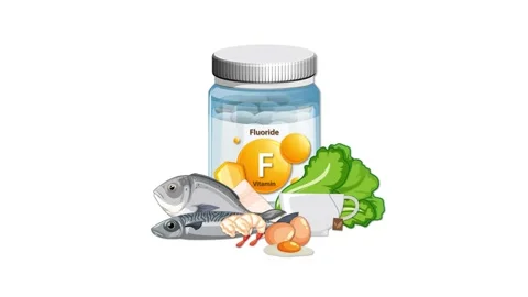 Fluoride Supplement Bottle Surrounded by Natural Food Sources Animation Vidéo 318939429