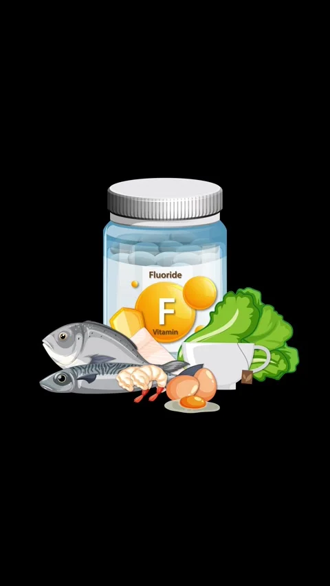 Fluoride Supplement Bottle Surrounded by Natural Food Sources Animation Vidéo 325008926