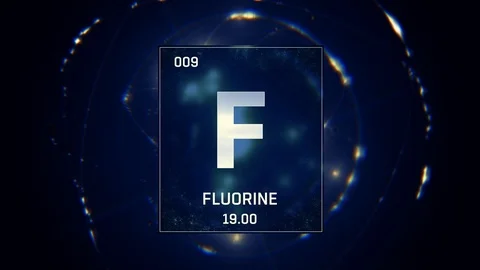 Fluorine as Element 9 of the Periodic Table 3D animation on blue background Video stock 119204417