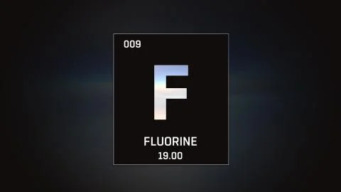 Fluorine as Element 9 of the Periodic Table 3D animation on grey background Stock Illustration