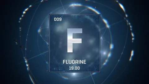 Fluorine as Element 9 of the Periodic Table 3D animation on blue background Stock Illustration