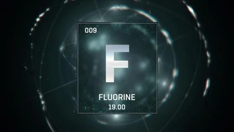Fluorine as Element 9 of the Periodic Table 3D animation on green background Stock Illustration
