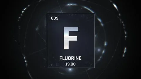 Fluorine as Element 9 of the Periodic Table 3D animation on silver background Stock Illustration